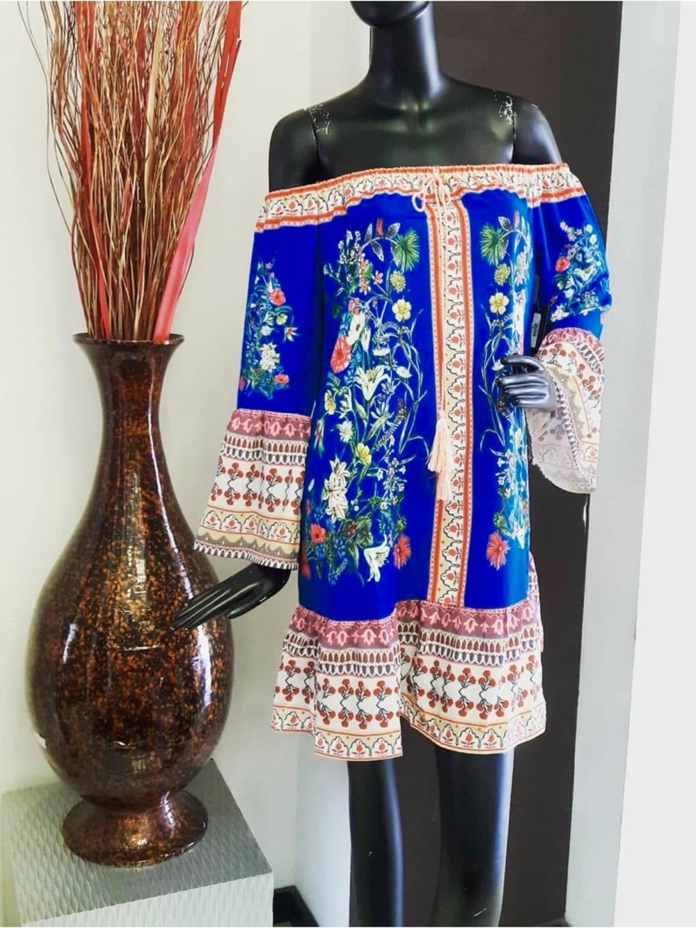 Umgee Womens Off the Shoulder BOHO Bell Sleeve Butterfly Floral Dress Sz L - Picture 6 of 7